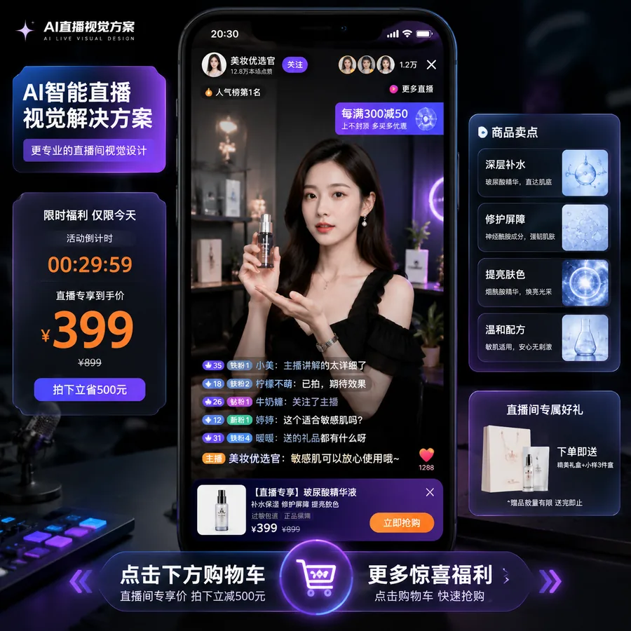 美妆直播间冷色霓虹AI视觉方案